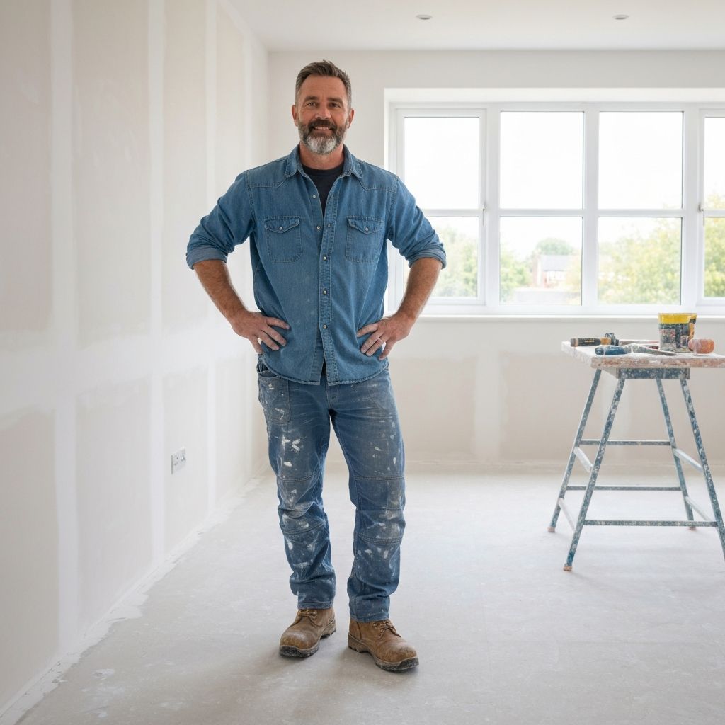Prestige Plastering owner standing in a freshly plastered room in Poole