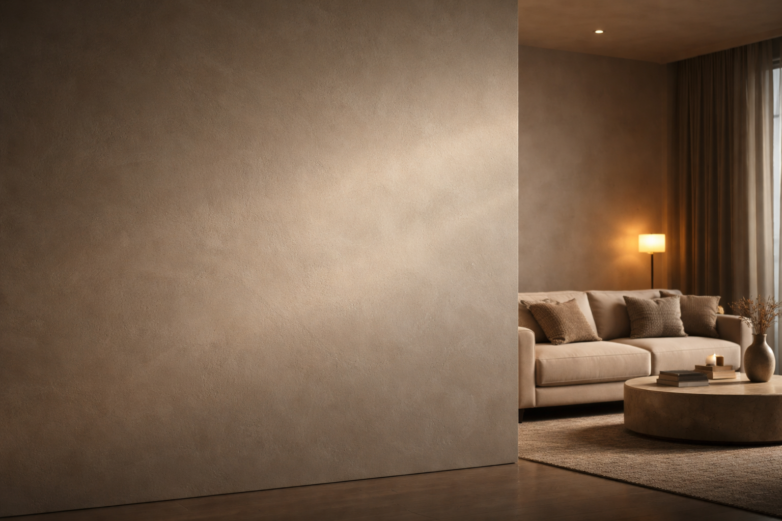 Elegant minimalist living room showcasing professional plaster wall finish – expert craftsmanship by Prestige Plastering